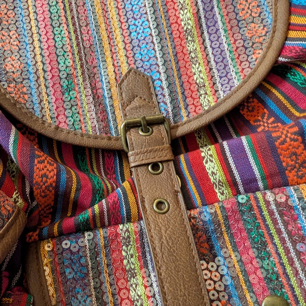 Multicolor Striped Boho Backpack with Sequins - image 2